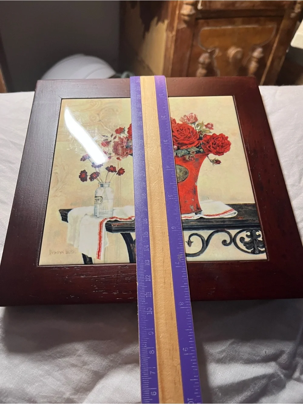 Kathryn White Signed Framed Roses & Linen Art Tile Wall Hanging 8